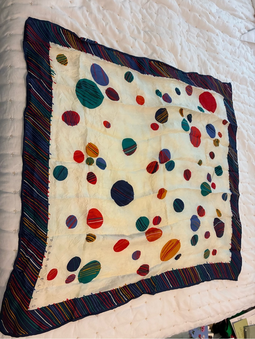 Perry Ellis Cream Scarf with Multicolor Polka Dots and Navy Stripe Border